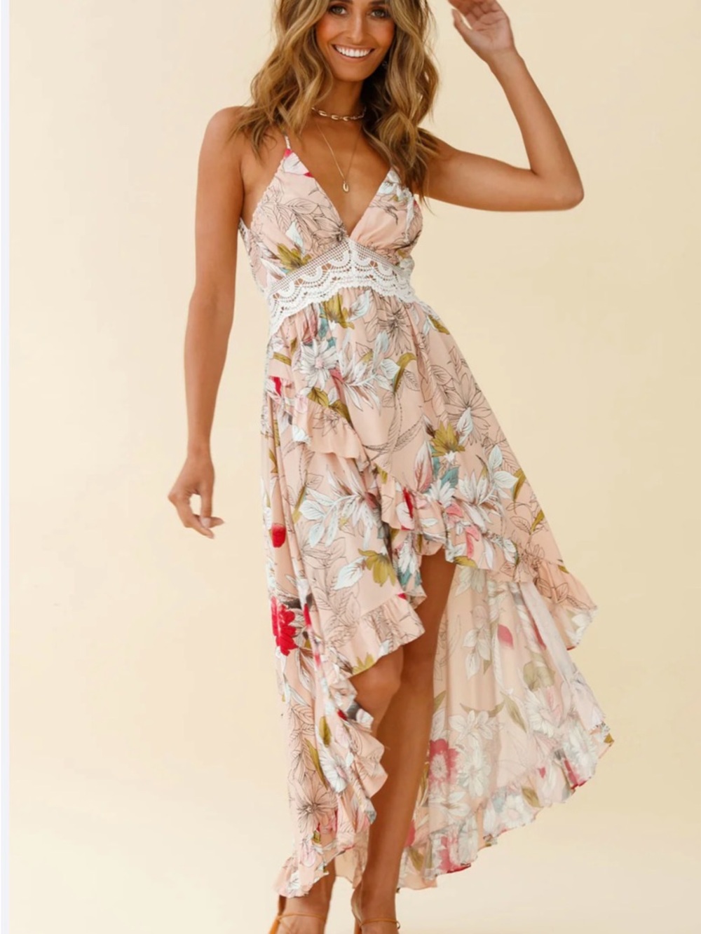 Floral High Low Maxi Dress Boho Lace Open Back Flowy Summer No Brand